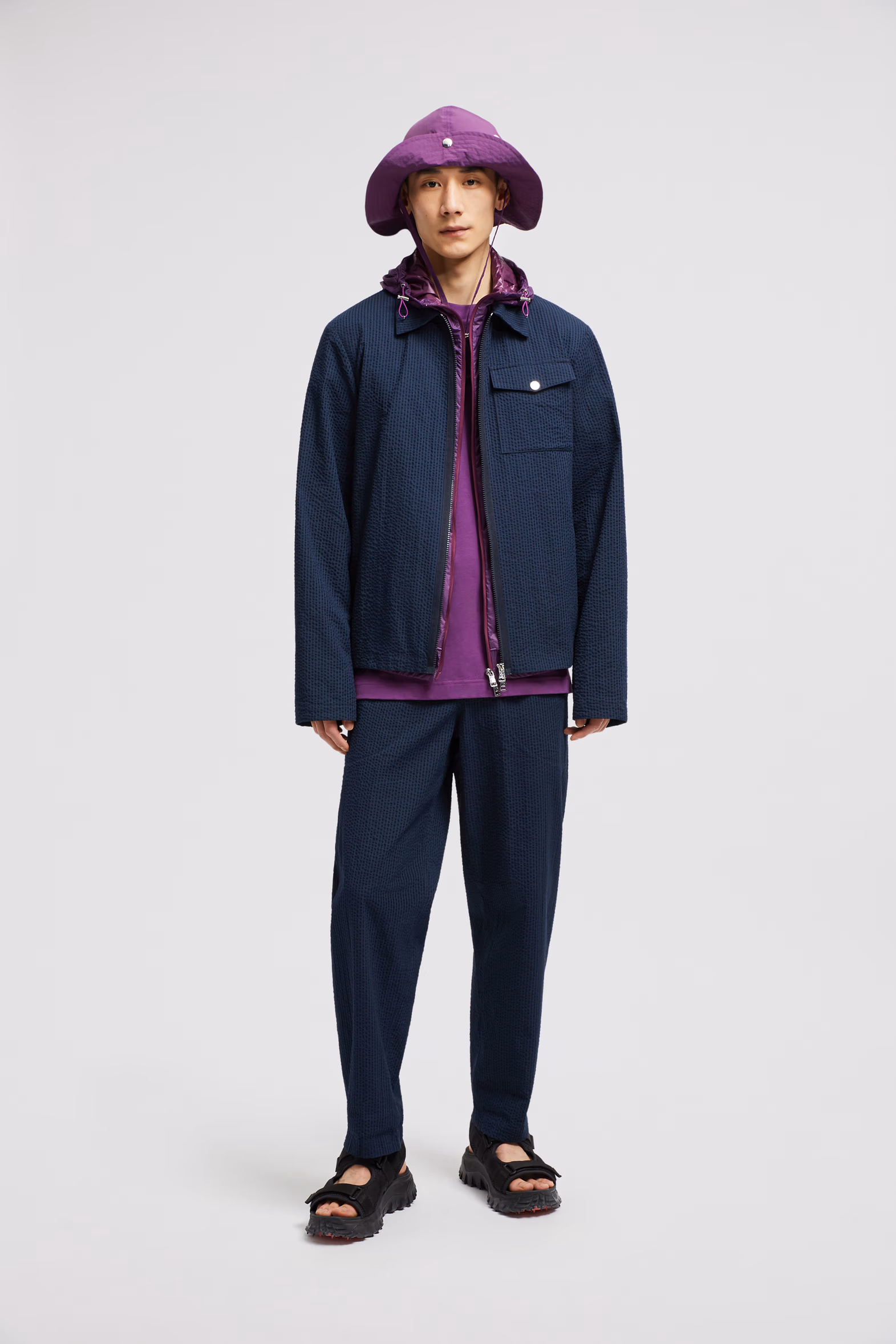 Belted Seersucker Pants Men Dark Blue Moncler 0